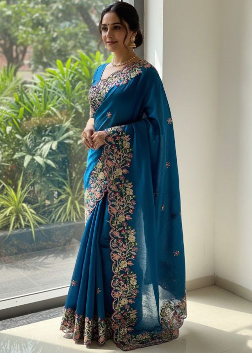 Teal Blue Chiffon Saree With Thread Work