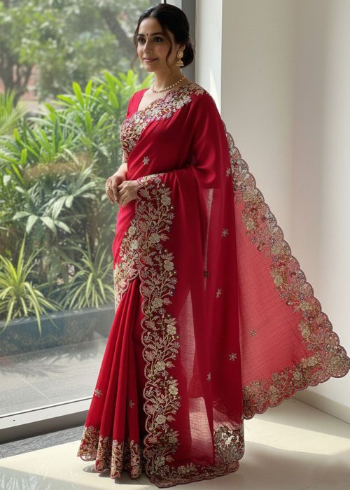 Crimson Red Chiffon Saree With Sequins Work
