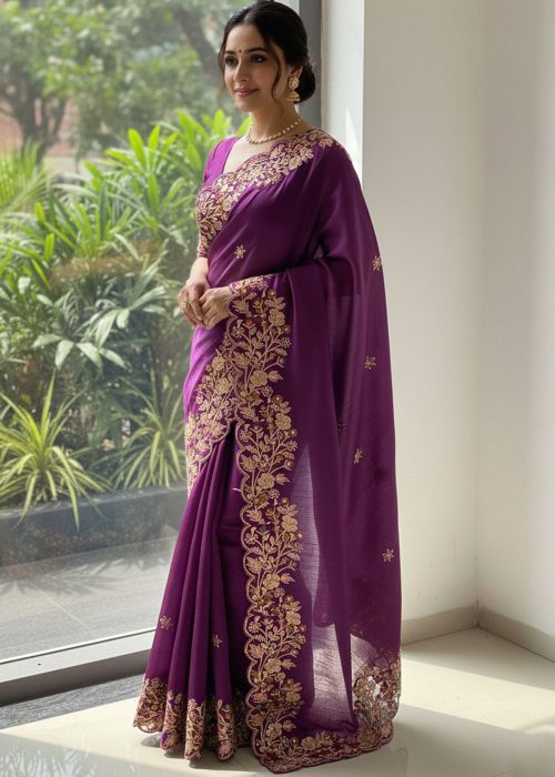 Purple Chiffon Saree With Embroidered Border