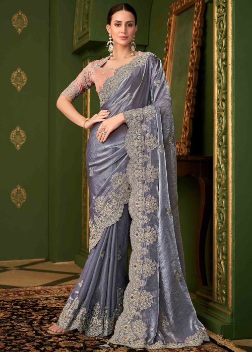 Grey Georgette Saree With Peach Embroidered Blouse