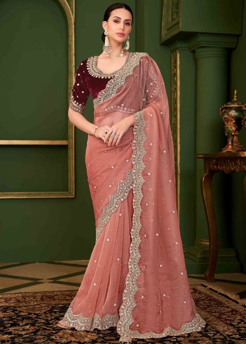 Peach Georgette Saree With Heavy Border Work