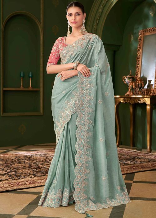 Blue Georgette Saree With Scalloped Border