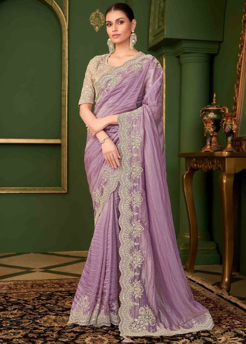 Lavender Georgette Saree With Beige Blouse