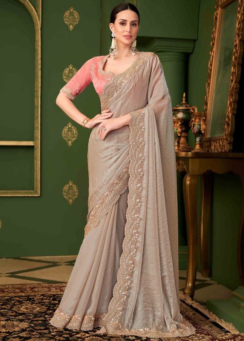 Grey Georgette Saree With Scalloped Border