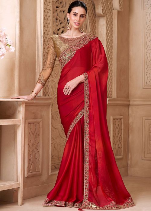 Red Satin Saree With Golden Brocade Blouse