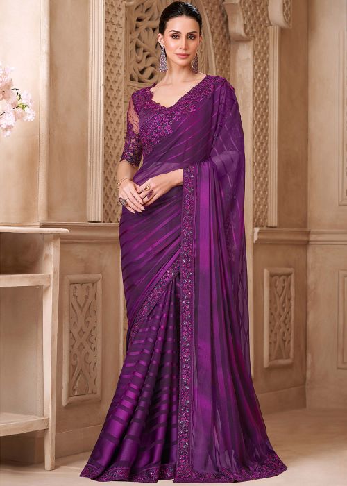 Purple Georgette Saree With Lace Embroidered Blouse