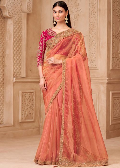 Peach Georgette Saree With Pink Brocade Blouse