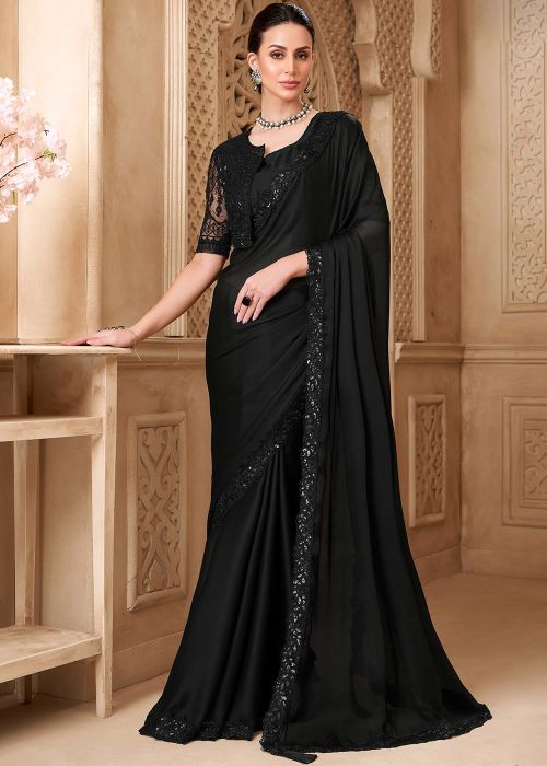 Black Georgette Saree With Sequins Embroidered Blouse