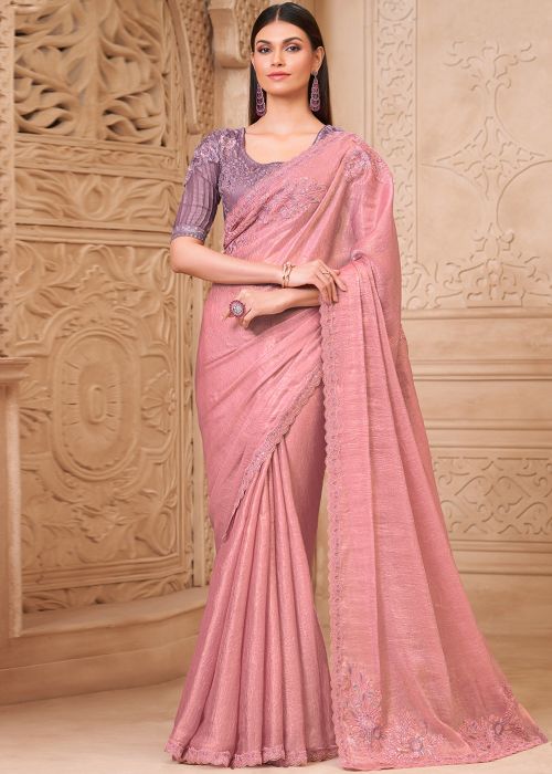 Dusty Pink Georgette Saree With Lavender Blouse