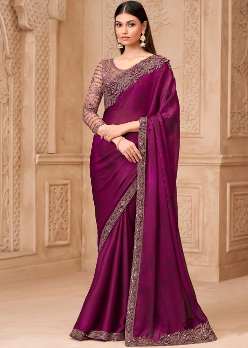 Magenta Georgette Saree With Embroidered Blouse