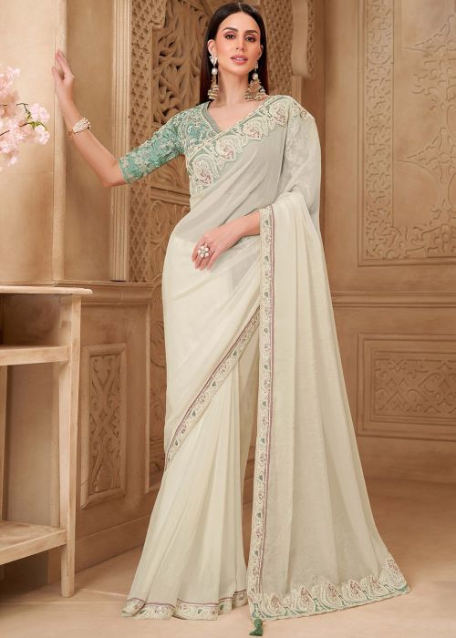 White Georgette Saree With Embroidered Blouse