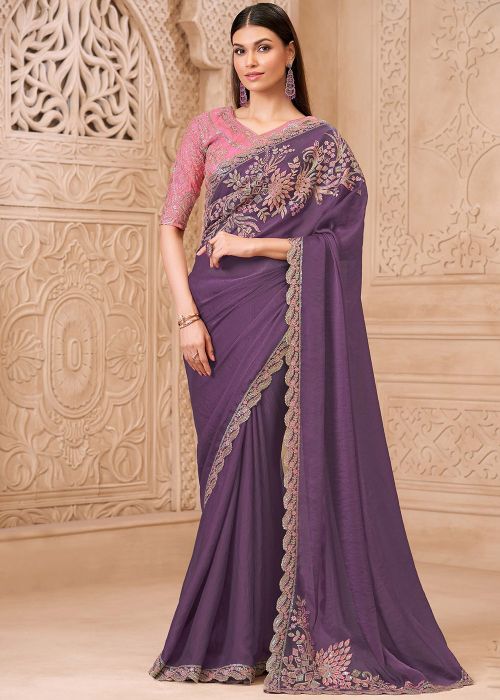 Purple Georgette Saree With Pink Embroidered Blouse