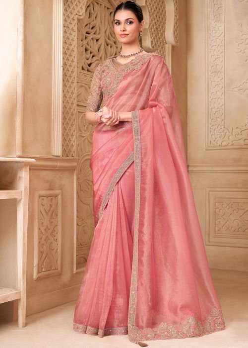 Blush Pink Georgette Saree With Antique Dori