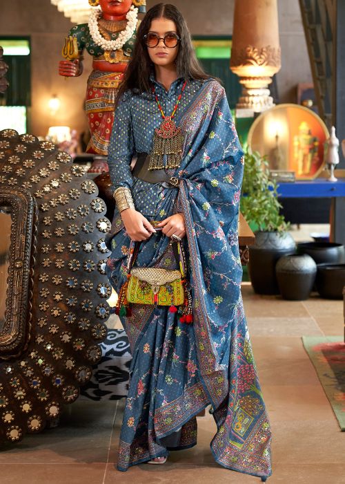 Blue Viscose Saree With Floral Print Detailing