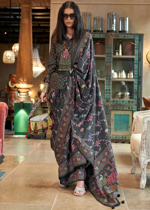 Black Viscose Saree With Floral Print Work