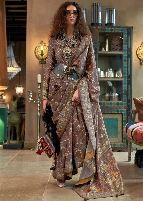 Taupe Brown Viscose Saree With Floral Print