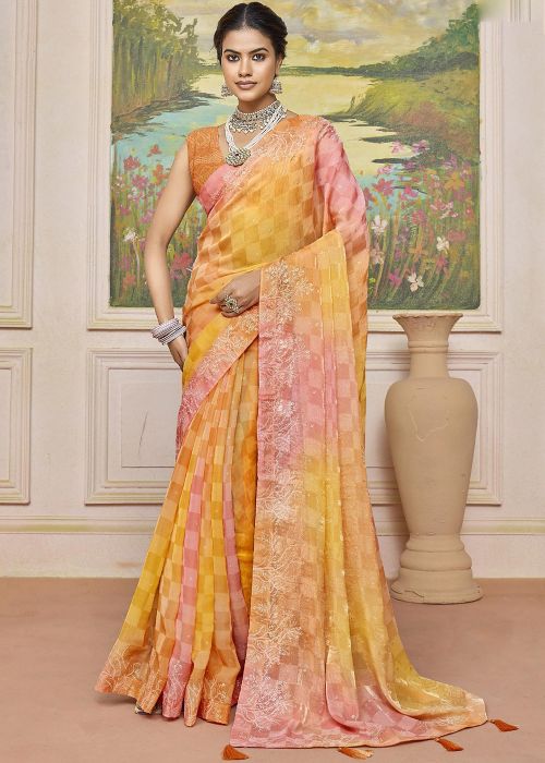 Peach & Yellow Art Silk Saree With Embroidered Blouse