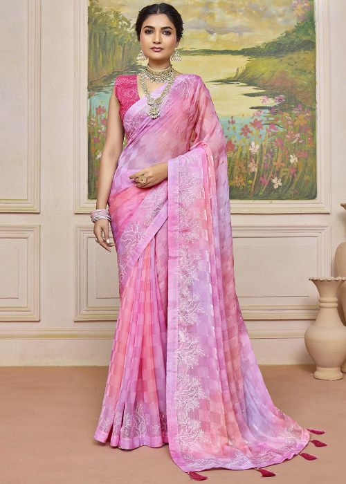 Pink Art Silk Saree With Printed Work