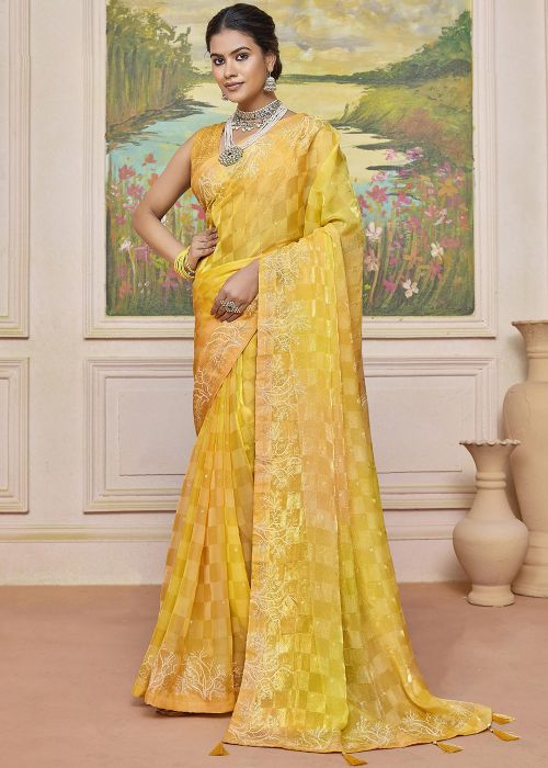 Mustard Yellow Art Silk Saree With Embellished Blouse