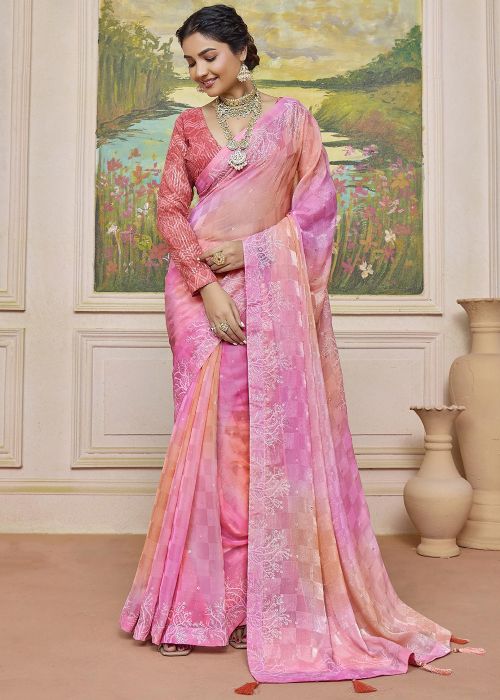 Pink Saree With Embroidered Blouse