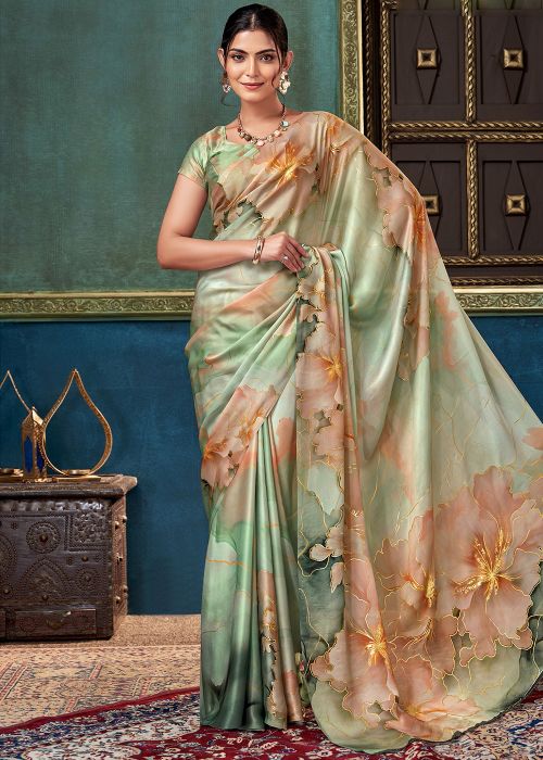 Mint Green Art Silk Saree With Floral Print
