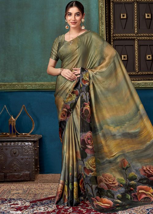 Green Art Silk Saree With Rose Print