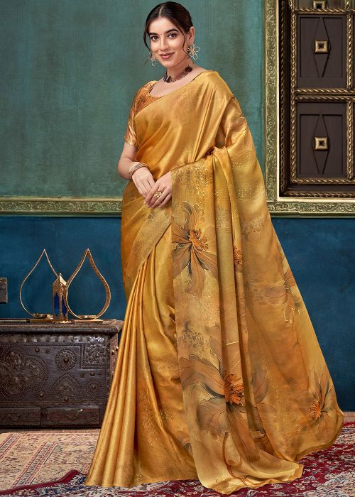 Mustard Yellow Art Silk Saree With Floral Design