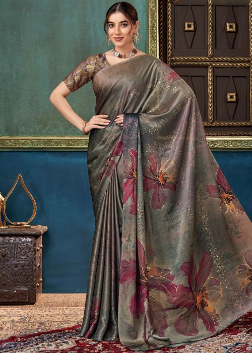 Grey Art Silk Saree With Wine Floral Print