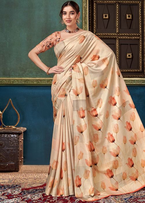 Beige Art Silk Saree With Peach Floral Print