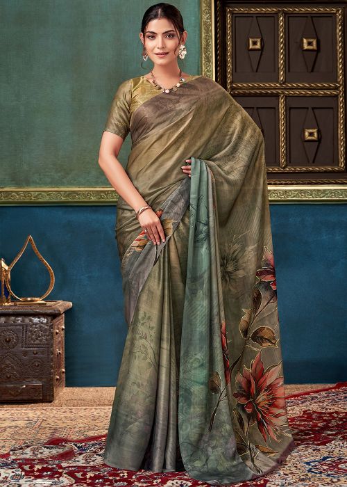 Brown Art Silk Saree With Floral Print
