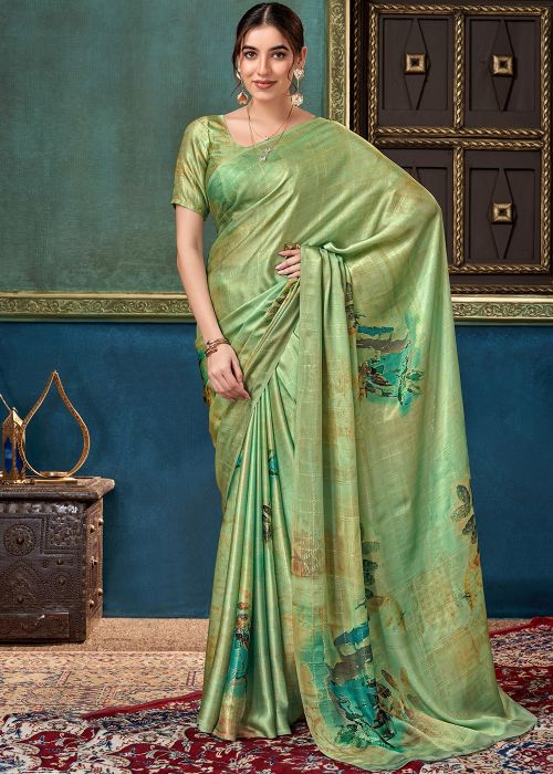 Light Green Art Silk Saree With Abstract Floral Print
