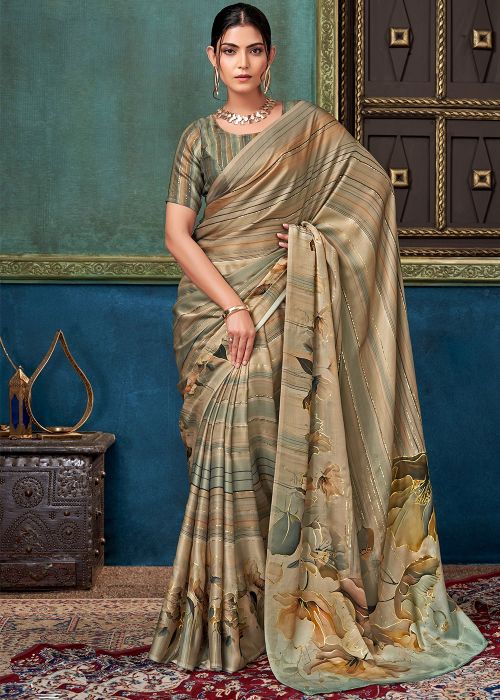 Brown Art Silk Saree With Floral Border Print