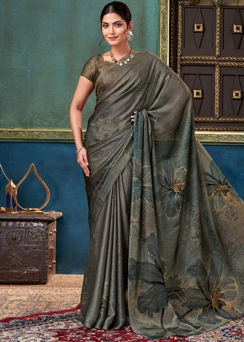 Charcoal Grey Art Silk Saree With Floral Print