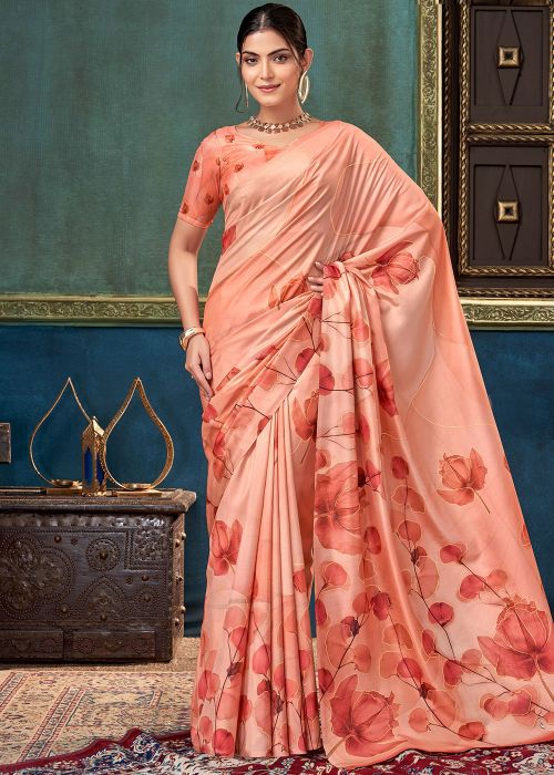 Peach Art Silk Saree With Floral Print