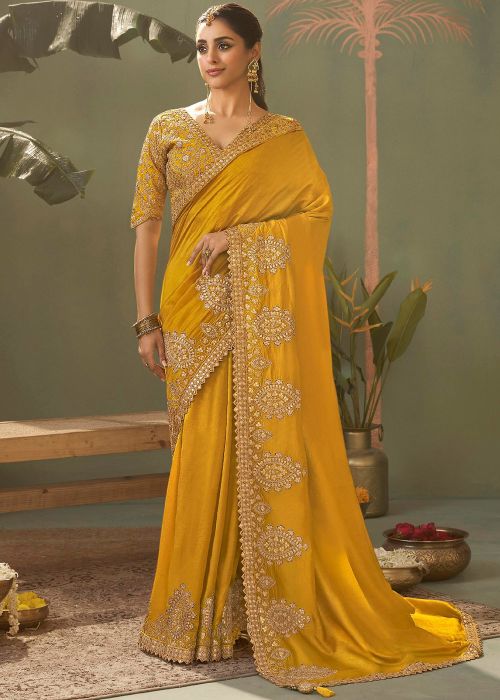 Mustard Yellow Silk Saree With Zari Work