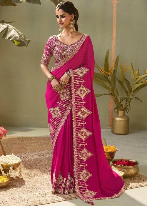 Magenta Silk Saree With Zari Embroidery