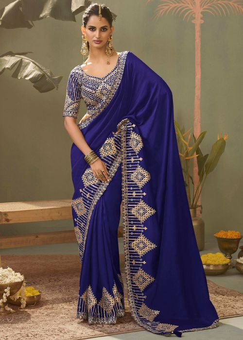 Navy Blue Silk Saree With Heavy Zari Work
