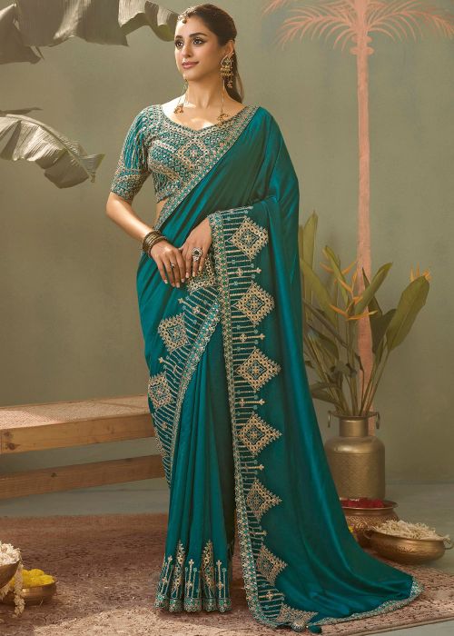 Teal Green Silk Saree With Zari Detailing