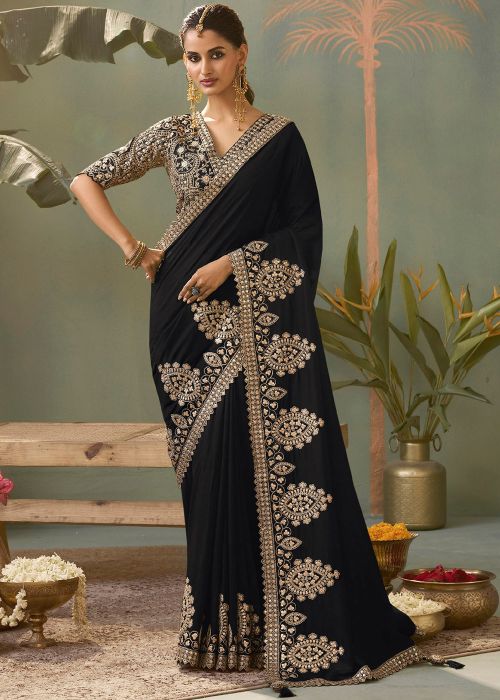 Black Silk Saree With Zari Embroidery