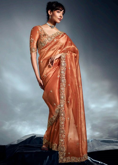 Rust Orange Silk Saree With Hand Embroidered Border