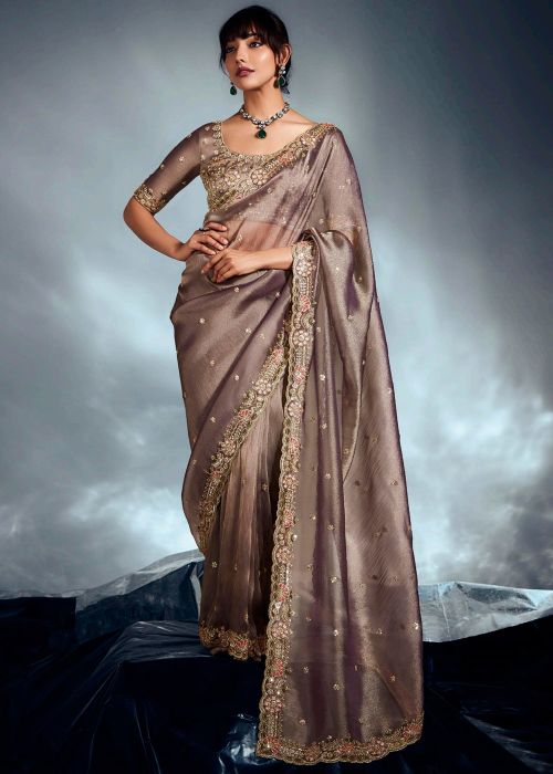 Grey Silk Saree With Zari & Sequin Detailing