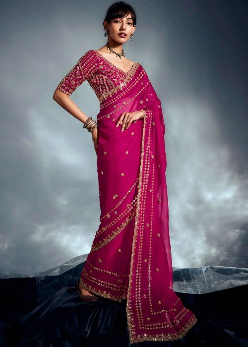 Pink Silk Saree With Heavy Designer Work