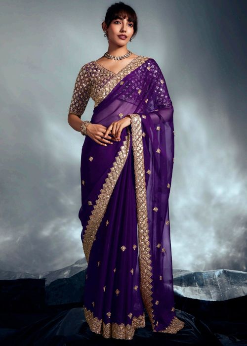 Purple Silk Saree With Embellished Border