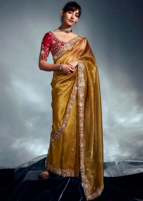 Mustard Yellow Silk Saree With Rich Zari Embroidery