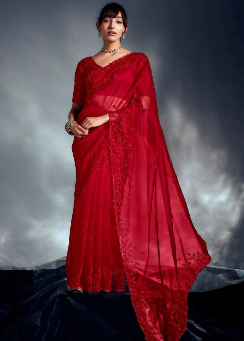 Red Silk Saree With Heavy Resham & Zari Work