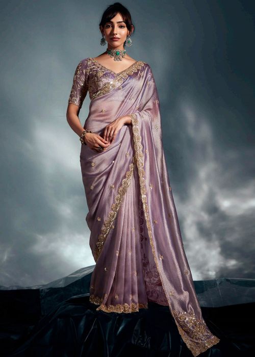 Lavender Silk Saree With Detailed Handwork