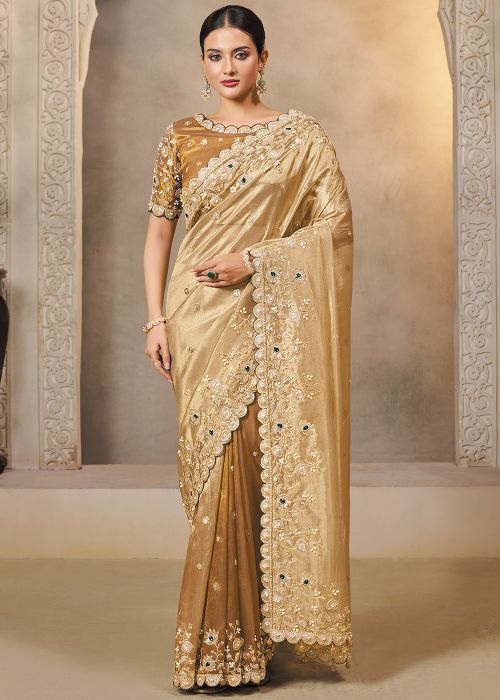Gold Tissue Saree With Zardosi Work