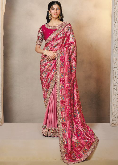 Pink Jacquard Saree With Multi Embroidery