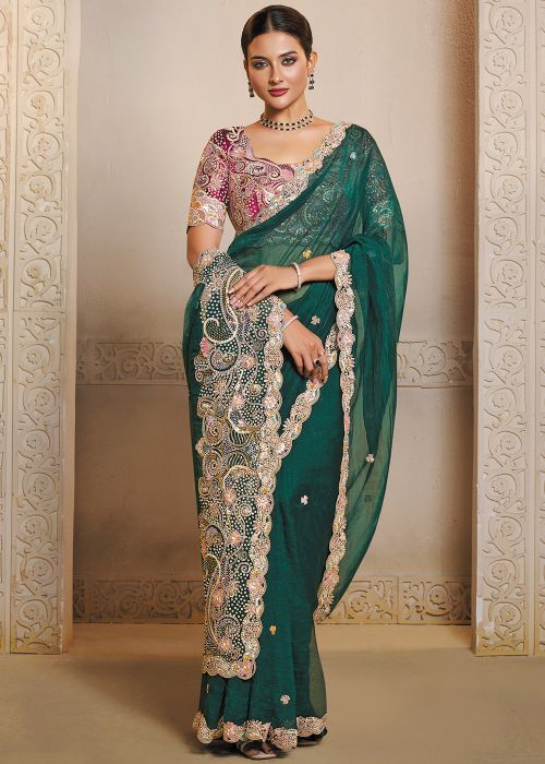 Emerald Green Organza Saree With Embellished Border