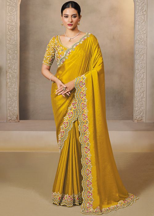 Mustard Yellow Satin Saree With Multi Stone Embroidery